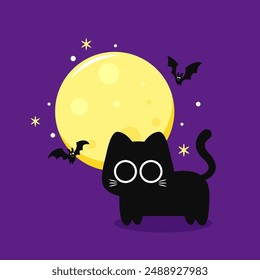 Cute Black cat and moon. Halloween black cat on purple background.