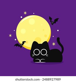 Cute Black cat and moon. Halloween black cat on purple background.