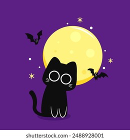 Cute Black cat and moon. Halloween black cat on purple background.