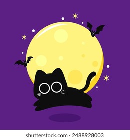 Cute Black cat and moon. Halloween black cat on purple background.