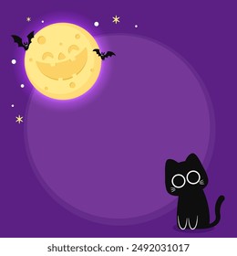 Cute Black cat and moon. Halloween black cat on purple background. Halloween label.