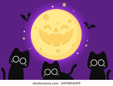 Cute Black cat and moon. Halloween black cat on purple background.