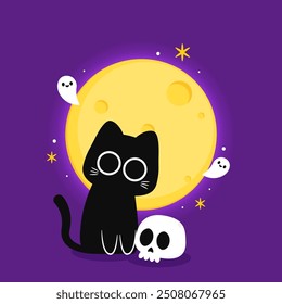 Cute Black cat and moon. Halloween black cat on purple background.