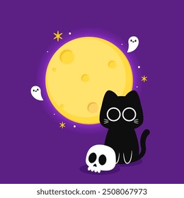 Cute Black cat and moon. Halloween black cat on purple background.