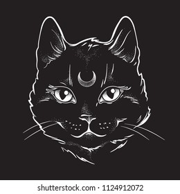 Cute black cat with moon on his forehead line art and dot work. Wiccan familiar spirit, halloween or pagan witchcraft theme tapestry print design vector illustration