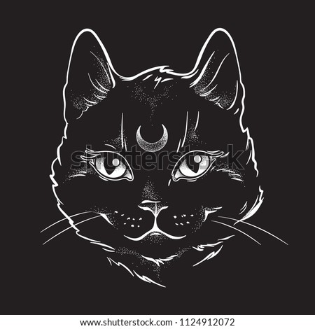 Cute black cat with moon on his forehead line art and dot work. Wiccan familiar spirit, halloween or pagan witchcraft theme tapestry print design vector illustration