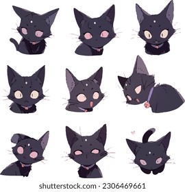 Cute gato negro con múltiples poses y expresiones graciosas. colección anime de gatos negros aislados en fondo blanco. ilustración vectorial plana.