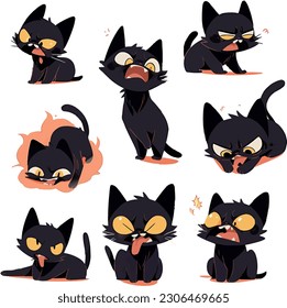 Cute gato negro con múltiples poses y expresiones graciosas. colección anime de gatos negros aislados en fondo blanco. ilustración vectorial plana.