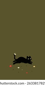 Cute Black Cat with Mushrooms flowers and Leaves wallpaper – Doodle Style Animal Illustration