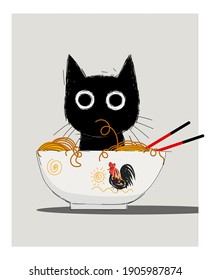 Cute gato negro en una taza de imagen vectorial de ícono de fideos. Aislado sobre fondo blanco.