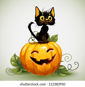 A cute black cat on a Halloween pumpkin.