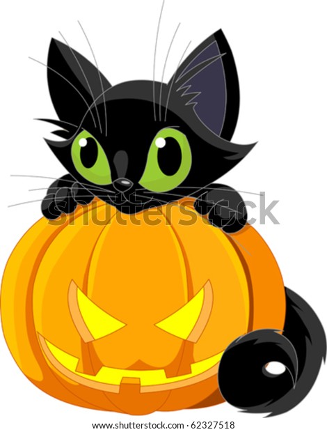 Cute Black Cat On Halloween Pumpkin Stock Vector (Royalty Free) 62327518