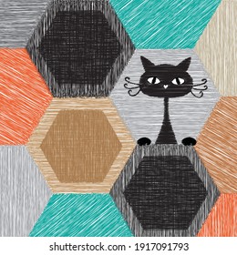 Cute black cat on hexagon background vector illustration.
