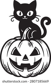 Cute Black Cat on Jack O Lantern Black and White Halloween Vector Clipart