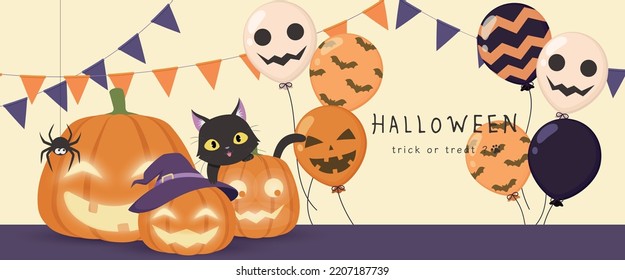 Cute Black Cat on the Jack-o'-lantern. Pennant and balloon in the background. Halloween party banner template ,vector illustration.