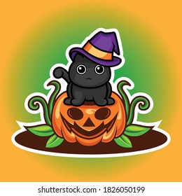 Cute black cat on pumpkin witch hat