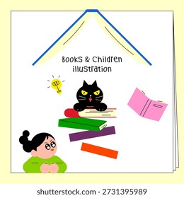 Cute Black Cat on Stacked Books and Girl with a Creative Idea