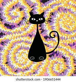 cute black cat on tie dye background vector illustration
