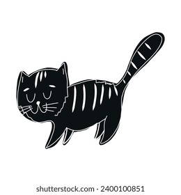 Cute black cat on a transparent background, drawn in a flat style.