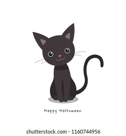 Cute black cat on white background.Happy Halloween greeting card