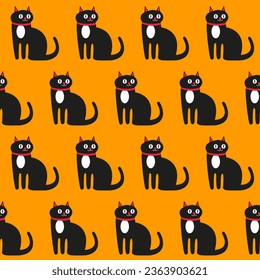 Cute black cat on yellow background, Halloween seamless pattern. Spooky season repeat texture for baby cloth, textile, fabric, wallpaper. Wrapping holiday, decoration.