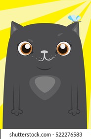 Cute black cat on a yellow background with a dragonfly on his ear