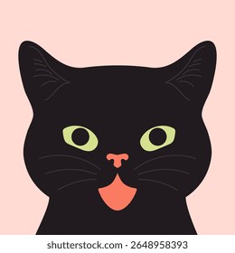 Cute black cat with open mouth. Cat face portrait. Black cat is meowing. Vector illustration