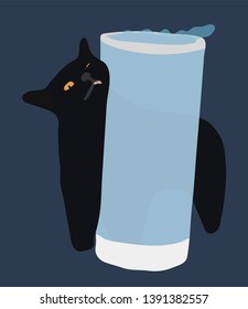 cute black cat with orange eyes purring and pushing into full glass of water funny vector illustration