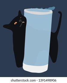 cute black cat with orange eyes purr and push into full glass of water funny vector illustration