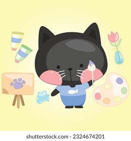Cute Black Cat as Painter Vector