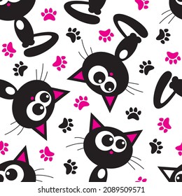 Cute black cat and paw prints cartoon seamless pattern. Vector illustration.