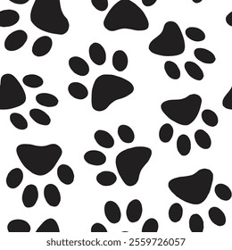 Cute black cat paw prints on white seamless vector pattern background wallpaper textile scrapbook