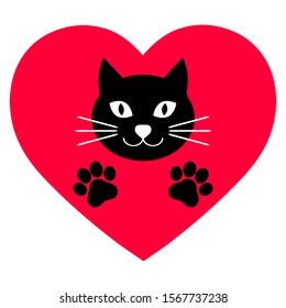 cute black cat with paws on a background of red hearts
