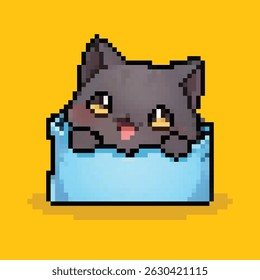 Cute black cat peeking out of a pocket, illustrated in a retro pixel art style with a kawaii theme. Perfect for gaming, animation, and adorable character designs.