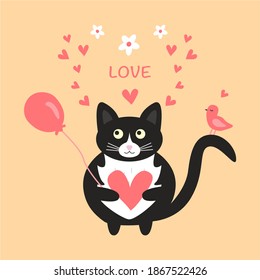 Cute black cat with a pink bird on his tail and a pink balloon. With pink hearts and chamomiles. Love card for Valentine's Day. Doodle vector illustration.