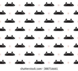 Cute black cat with pink dots on white background pattern seamless wallpaper. Vector image
