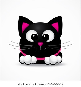 Cute black cat with pink nose - glossy cartoon illustration