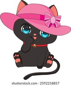Cute Black Cat With Pink Sunhat Kitty Mascot