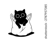 cute black cat in plastic bag character art monochrome