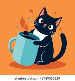 Cute black cat play with hot mug. Bad cat behaves badly. Domestic animal cat vector illustration. Bad black cat trying to destroy mug.