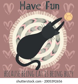 Cute black cat playing ball with funny poses on aesthetic rug, pink love background, for book cover, greeting cards, sticker, clothes. Flat Vector Illustration