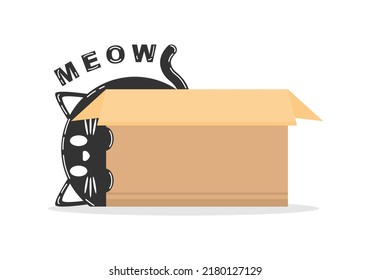 Cute black cat playing with cardboard box gift cartoon character flat vector design.