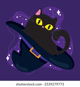 Cute black cat playing inside a Halloween witch hat with stars and clouds, Vector illustration