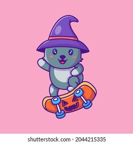 Cute Black Cat playing skateboard with pumpkin happy halloween Cartoon Illustration