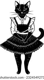 cute black cat princess kitty in a vintage dress skirt vector children book pet character illustration 
