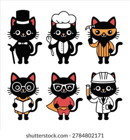 Cute Black Cat Professional Professions and Costumes Cartoon Vector Character Set