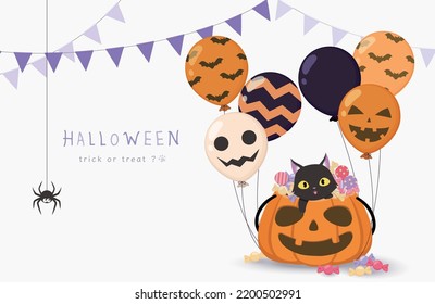 Cute Black Cat in the pumpkin basket with many candy. Pennant againet background. Halloween greeting card template ,vector illustration.