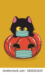 Cute black cat and pumpkin in disposable mask greeting card design.