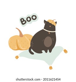 Cute black cat in pumpkin hat sitting on pillow with gourd and hand drawn text on white background. Halloween card, poster, cool illustration with funny animal. 