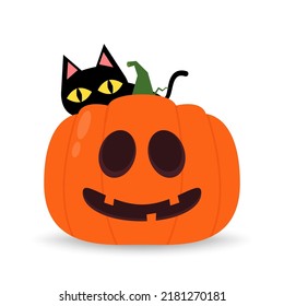 Cute black cat and Pumpkin head in Halloween day. Happy halloween greeting card with monster pumpkin and black cat. Holidays cartoon character.